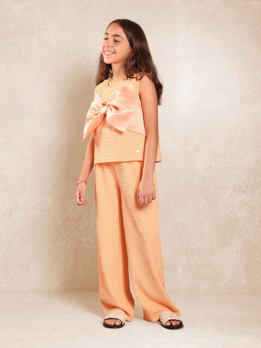 Tween Girls Sleeveless Top With Large Bow And Wide Leg Pant Orange