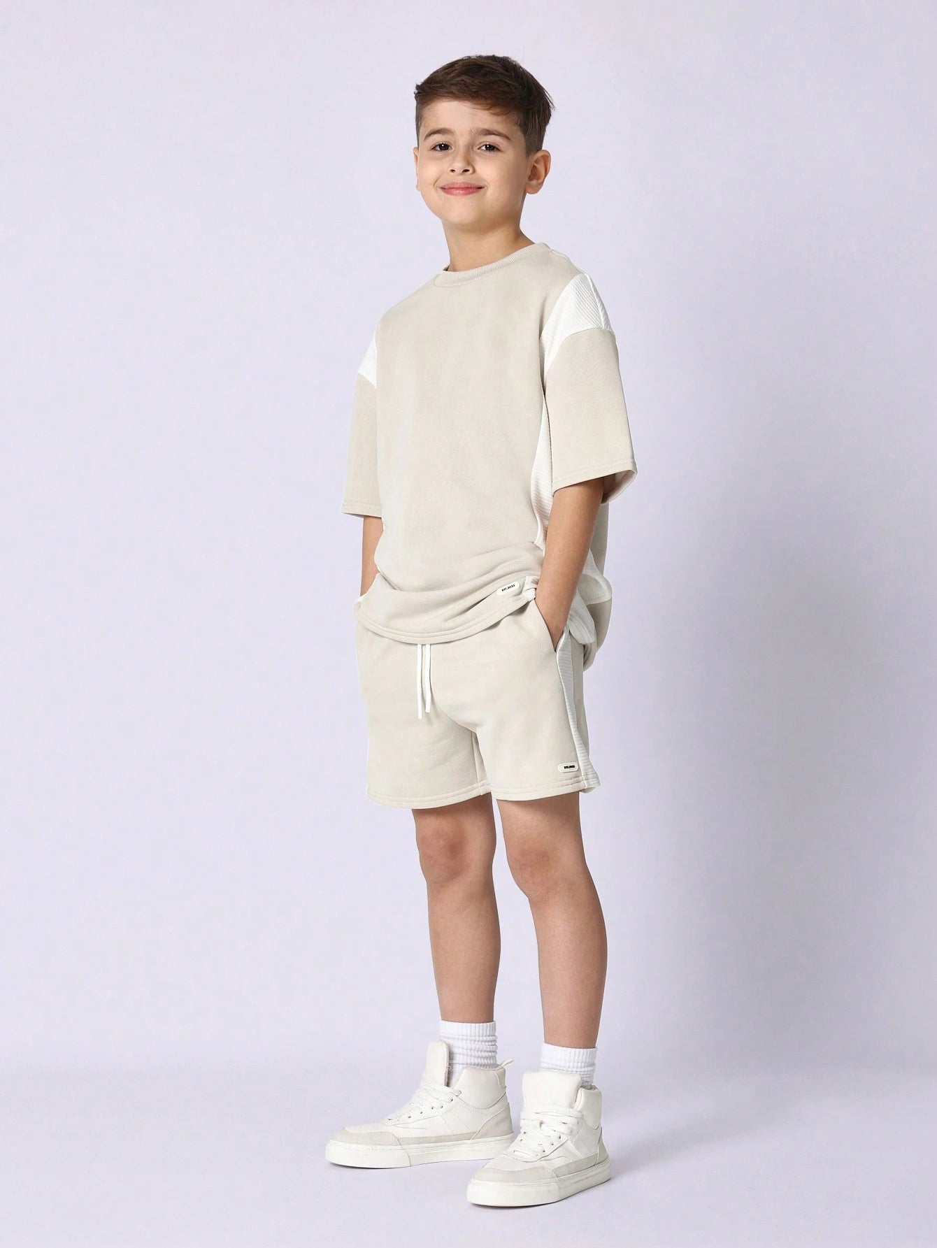 Tween Boys Comfy Regular Fit Colour Block Panel Textured Short Sleeve Tee And Short Khaki