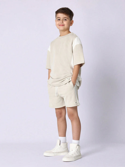 Tween Boys Comfy Regular Fit Colour Block Panel Textured Short Sleeve Tee And Short Khaki