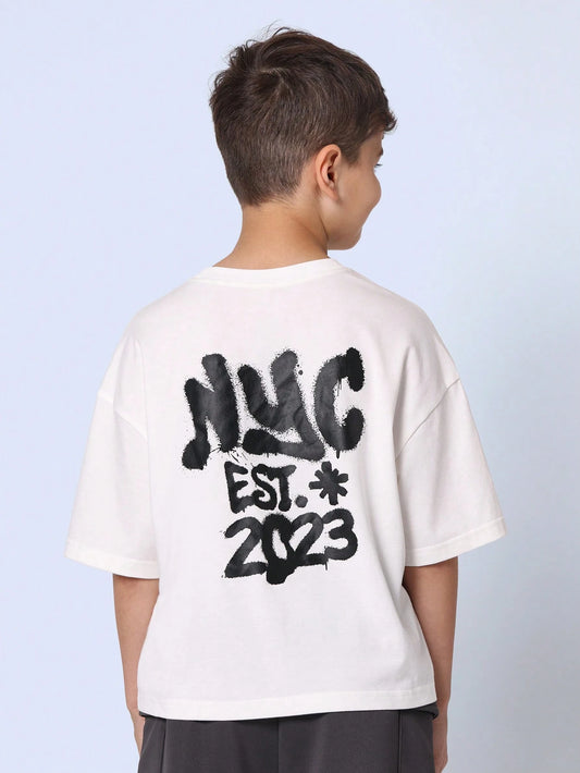 Tween Boys Comfy Oversized Fit Short Sleeve Tee With NYC Graphic Print White