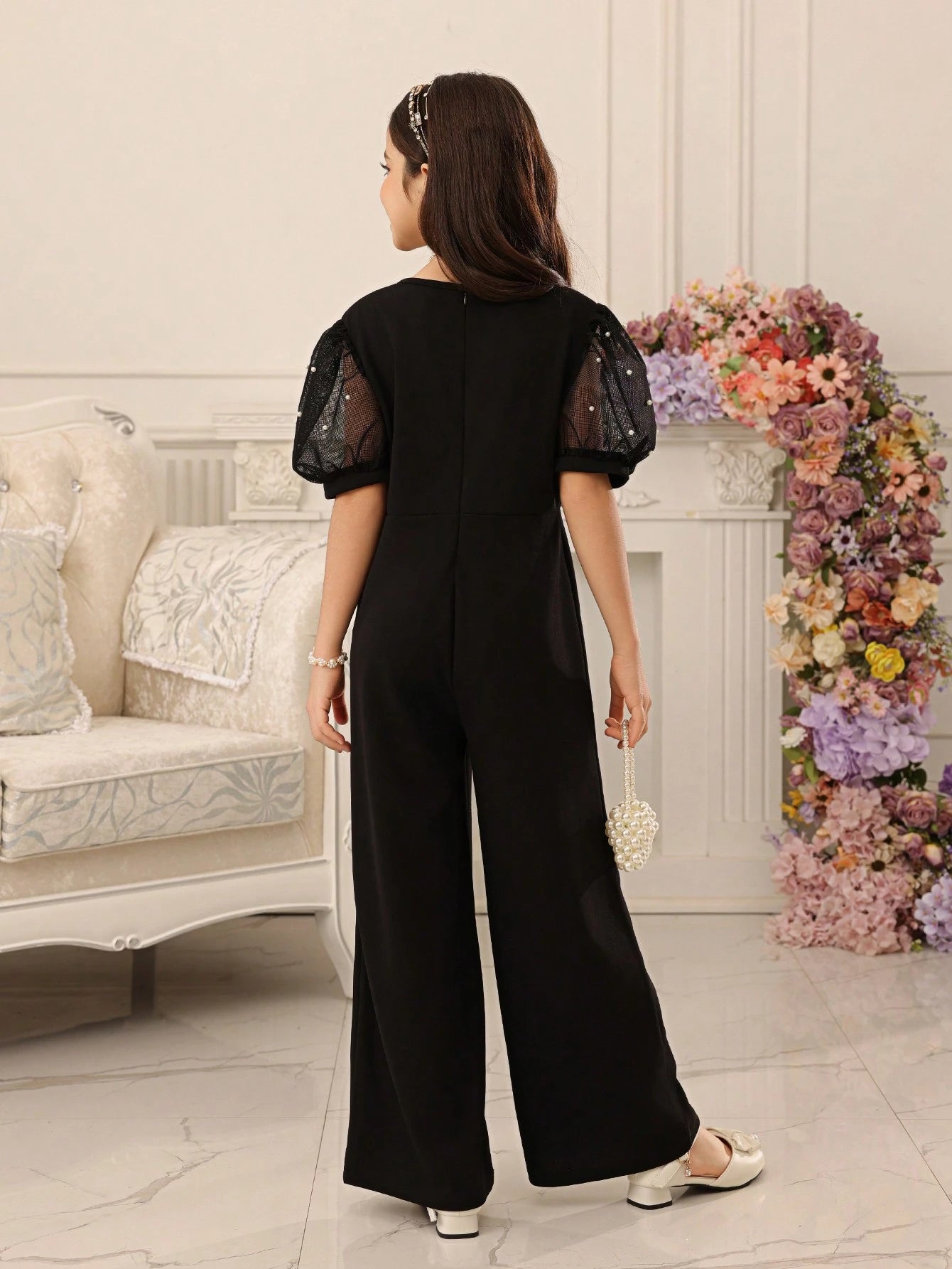 Tween Girl) Elegant Party Formal Pearl Mesh Patchwork Jumpsuit