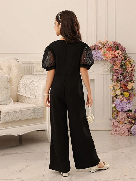 Tween Girl) Elegant Party Formal Pearl Mesh Patchwork Jumpsuit