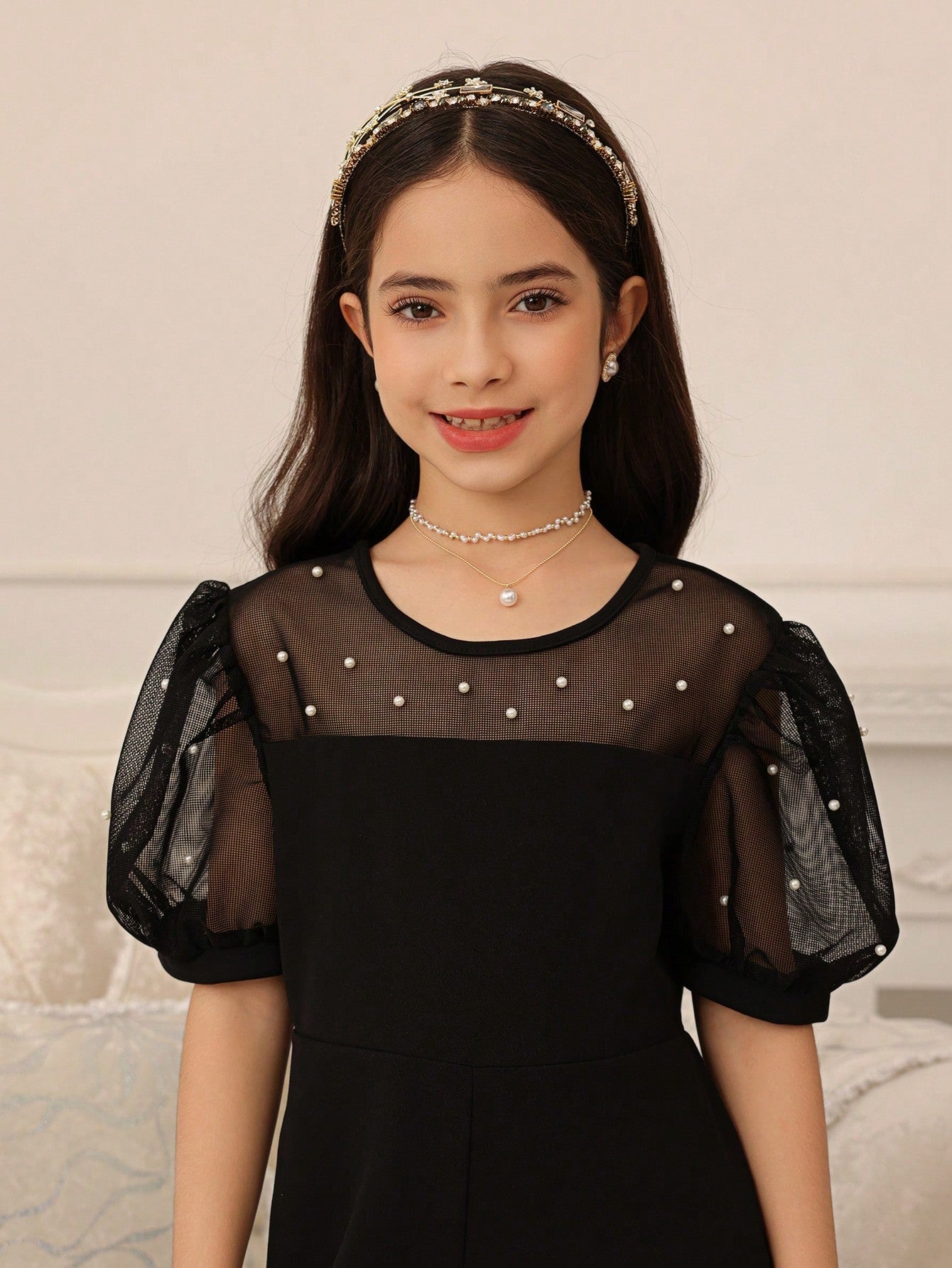 Tween Girl) Elegant Party Formal Pearl Mesh Patchwork Jumpsuit