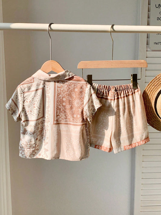 Casual Retro Pattern Short Sleeve Shirt Top And Elastic Waist Shorts