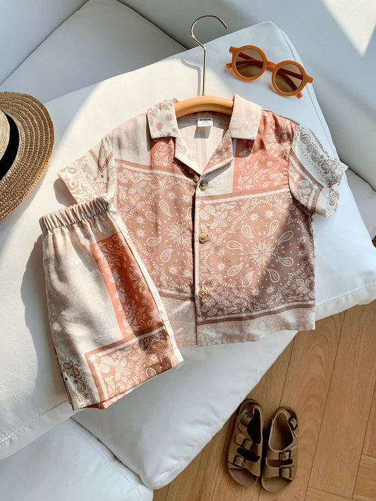 Casual Retro Pattern Short Sleeve Shirt Top And Elastic Waist Shorts Khaki