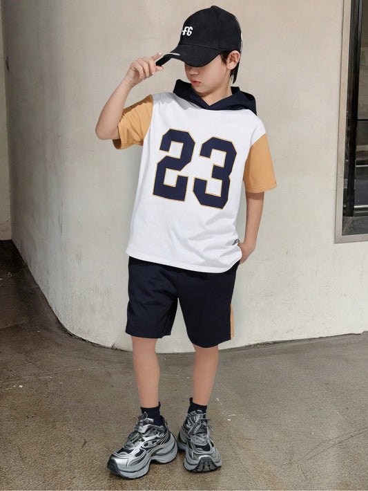 Tween Boys' Sports Numeral Contrast Color Hoodie T-Shirt And Shorts White