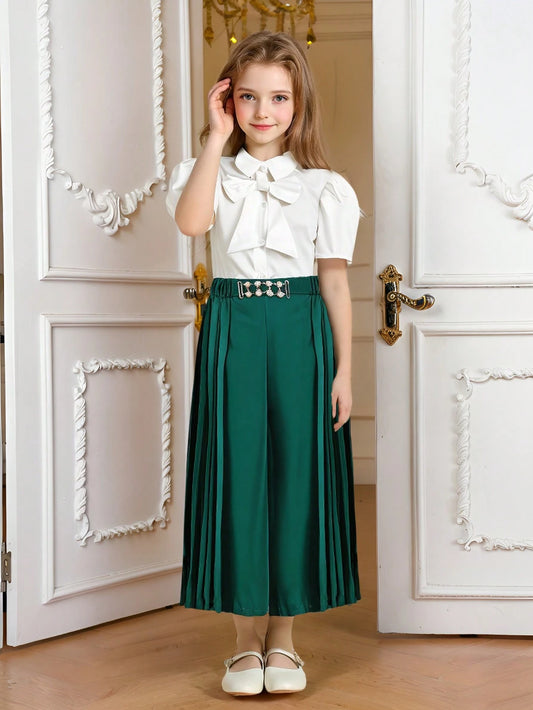 Teenage Girl Elegant Vintage Solid Color Collared Short Sleeve Shirt With Bow Decor And High Waist Solid Color Wide Leg Pants Green