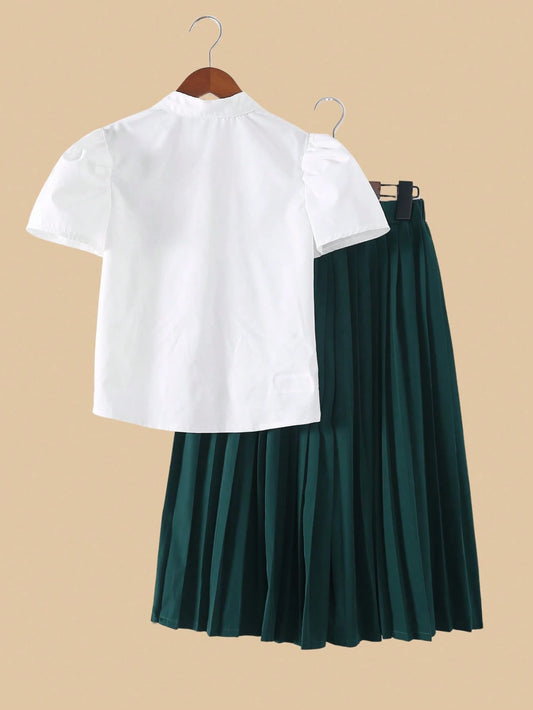 Teenage Girl Elegant Vintage Solid Color Collared Short Sleeve Shirt With Bow Decor And High Waist Solid Color Wide Leg Pants