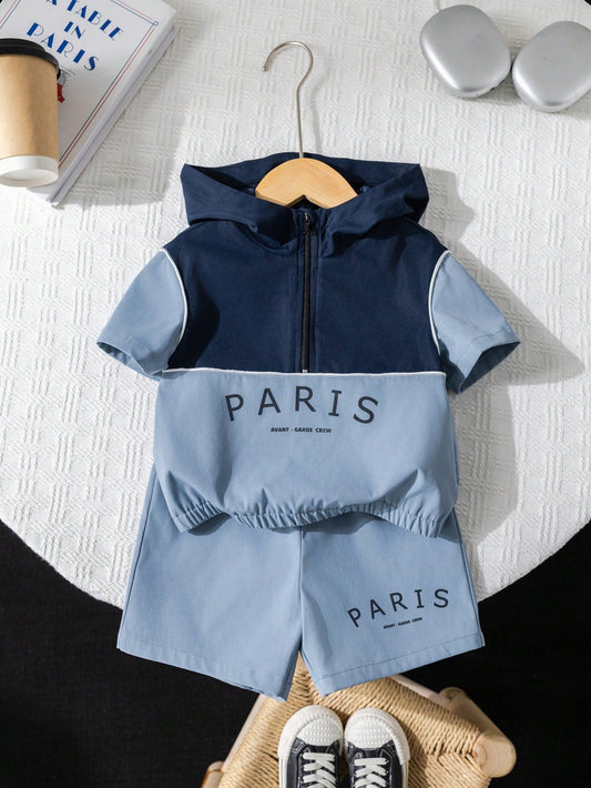 2pcs/Set Baby / Toddler Letter Print Color Blocking Hoodie Jacket And Shorts Set Blue