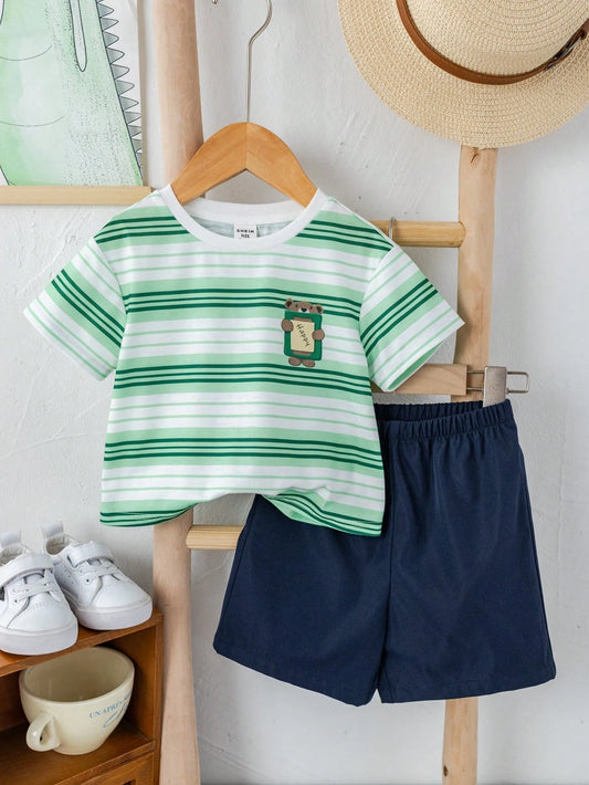 2pcs/Set Baby Boy/Girl Casual Cute Loose Dolman Sleeve Stripe Knit T-Shirt And Shorts Set Green