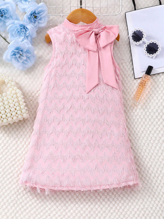Young Girl Sleeveless Dress With Bow Decor, Stand Collar Dusty Pink