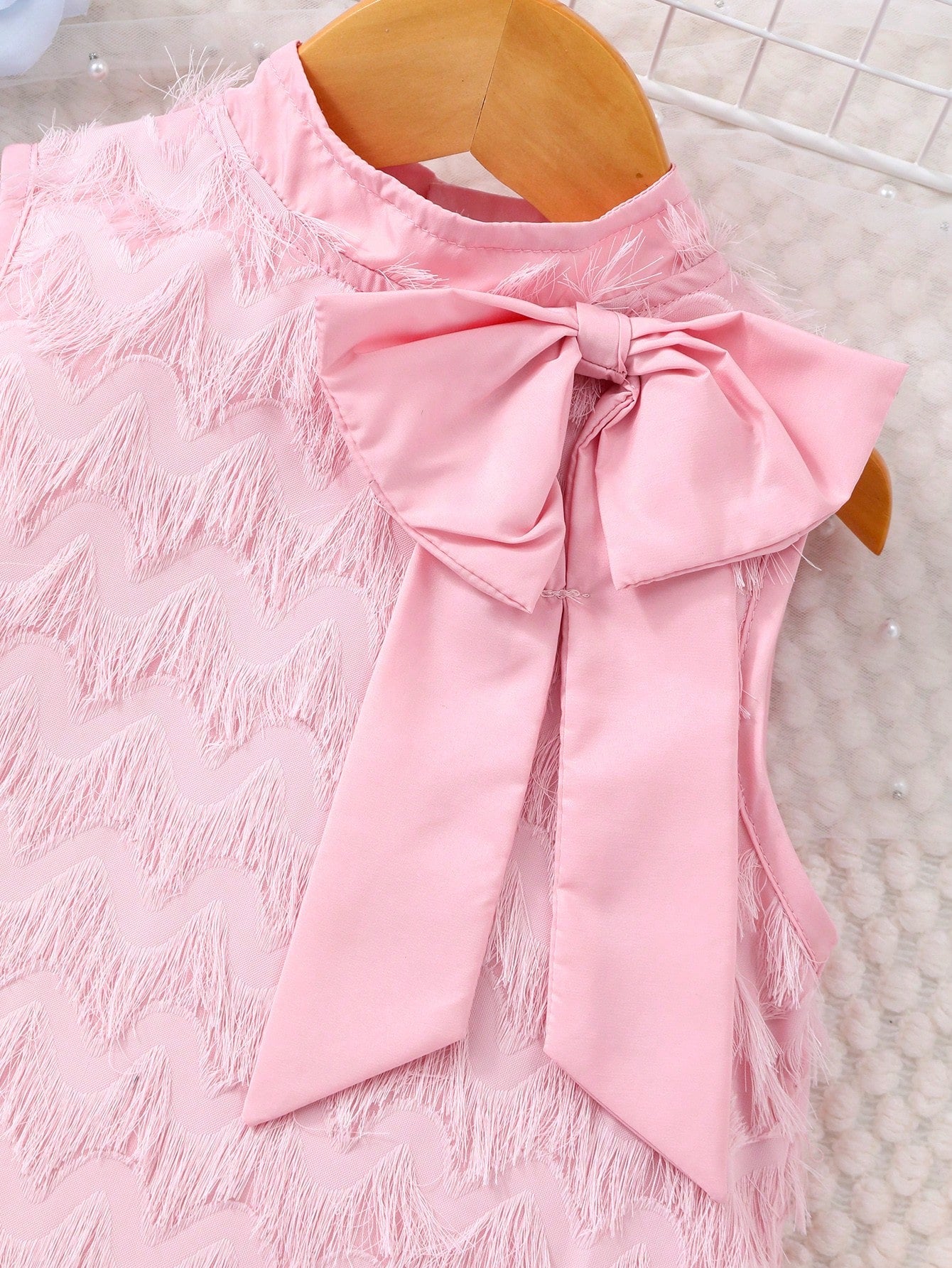 Young Girl Sleeveless Dress With Bow Decor, Stand Collar