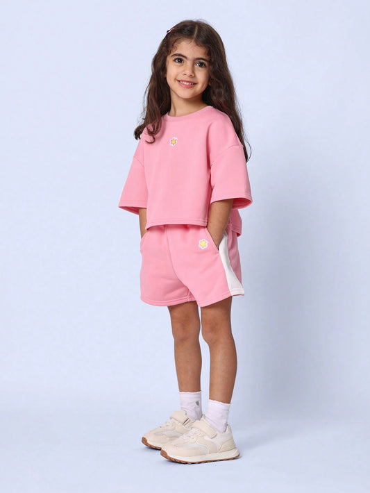 Young Girls Comfy Pink Boxy Crop Short Sleeve T-Shirt And Short With Flower Embroidery Pink