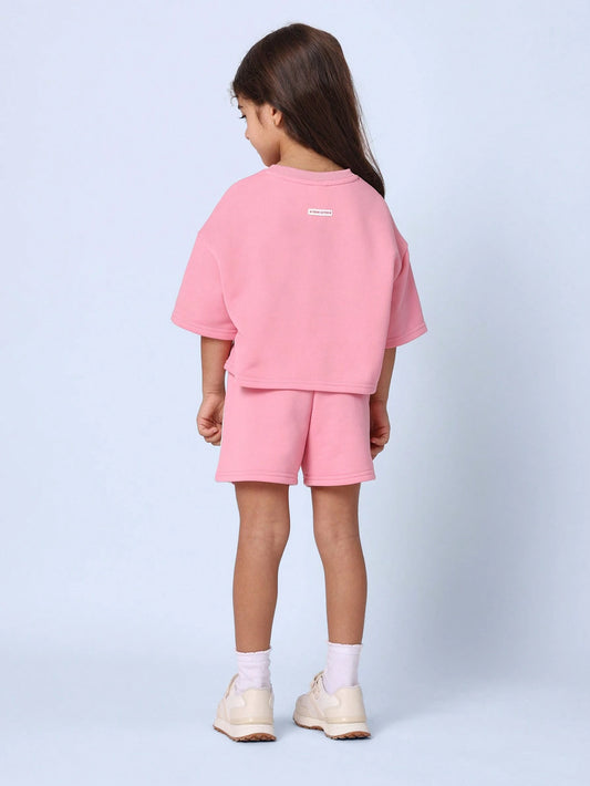 Young Girls Comfy Pink Boxy Crop Short Sleeve T-Shirt And Short With Flower Embroidery
