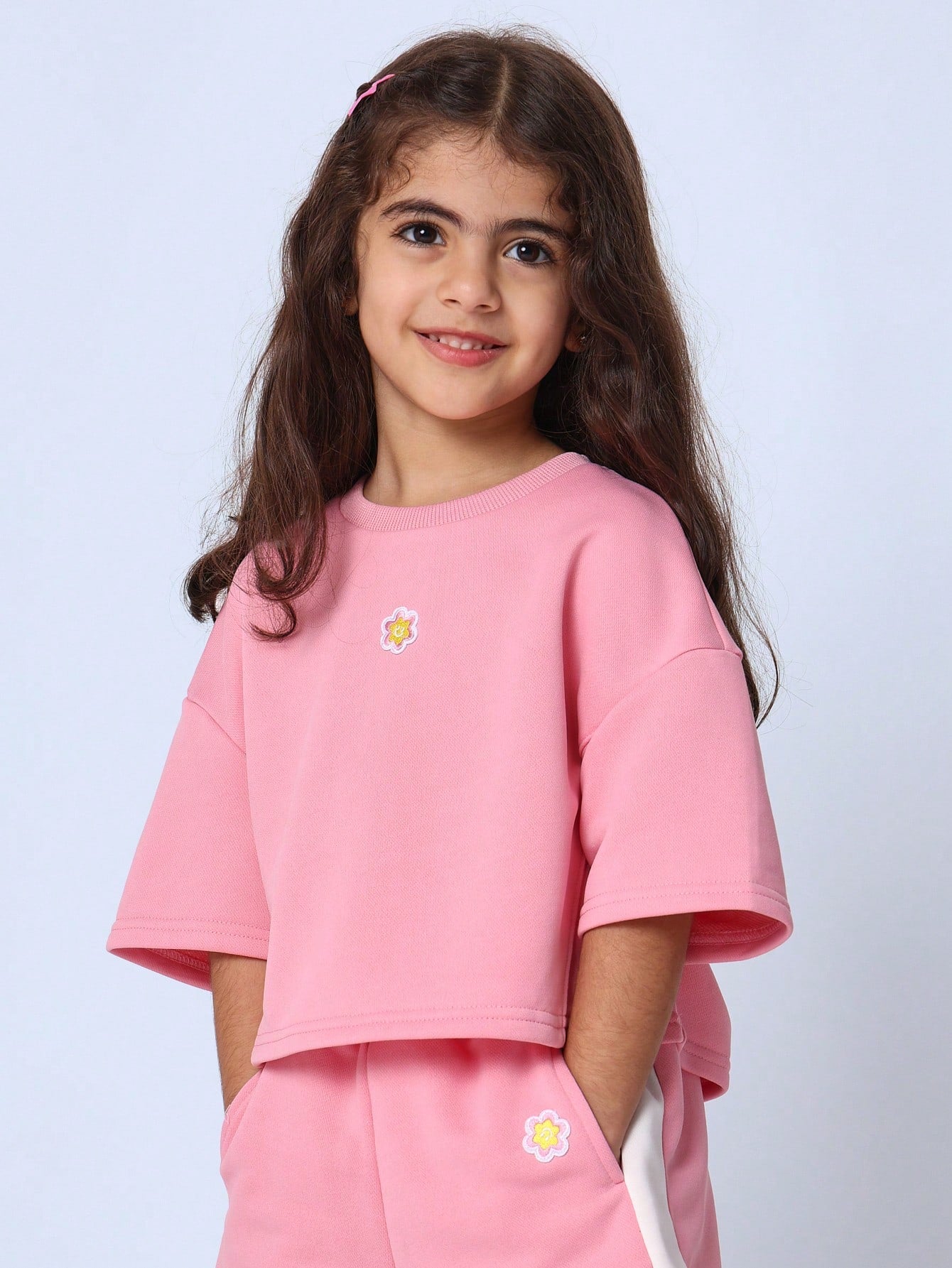 Young Girls Comfy Pink Boxy Crop Short Sleeve T-Shirt And Short With Flower Embroidery