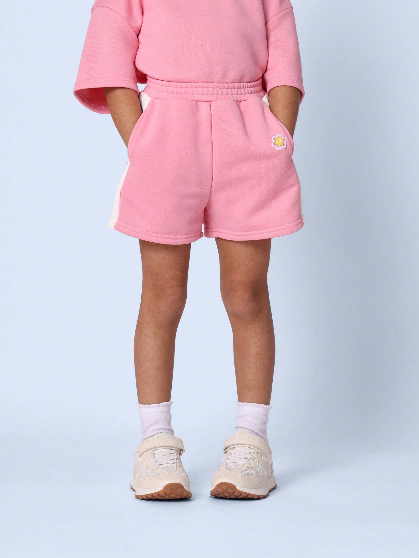 Young Girls Comfy Pink Boxy Crop Short Sleeve T-Shirt And Short With Flower Embroidery