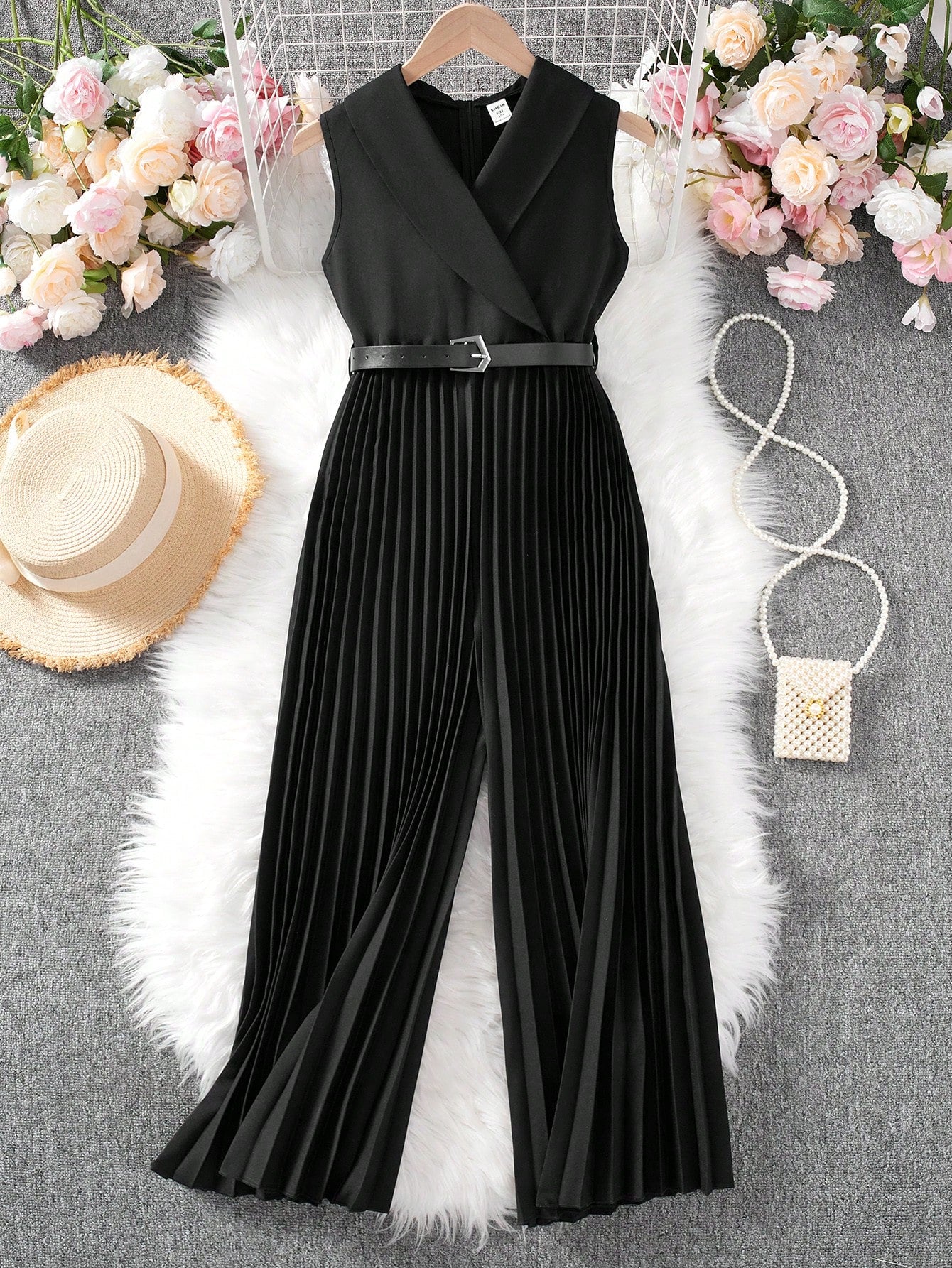 Tween Girls Solid Turndown Collar Sleeveless Urban Elegant Jumpsuit With Pleated Pants
