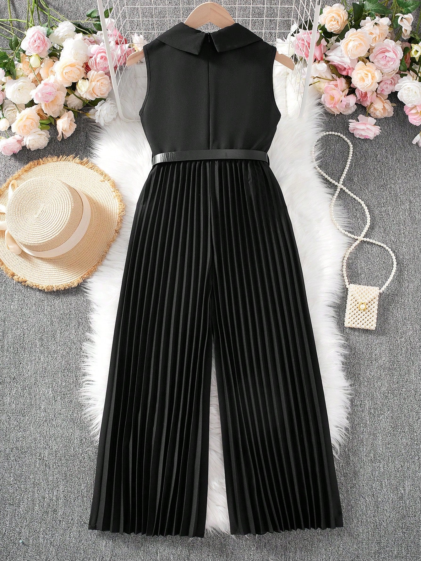 Tween Girls Solid Turndown Collar Sleeveless Urban Elegant Jumpsuit With Pleated Pants