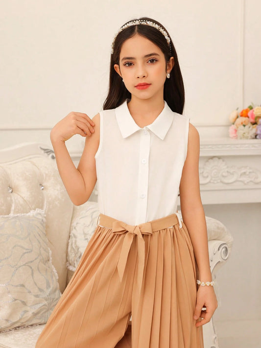 Tween Girls Beige Patchwork Contrast Khaki Long Pleated Waist Belt Sleeveless Lapel Romper