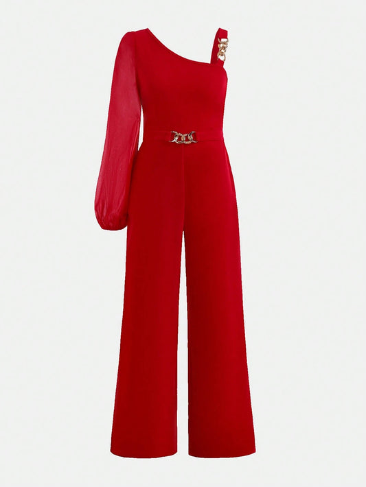 Teen Girl Metal Chain Decor Asymmetrical Shoulder Solid Color Jumpsuit Red
