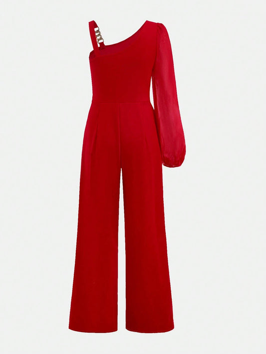 Teen Girl Metal Chain Decor Asymmetrical Shoulder Solid Color Jumpsuit