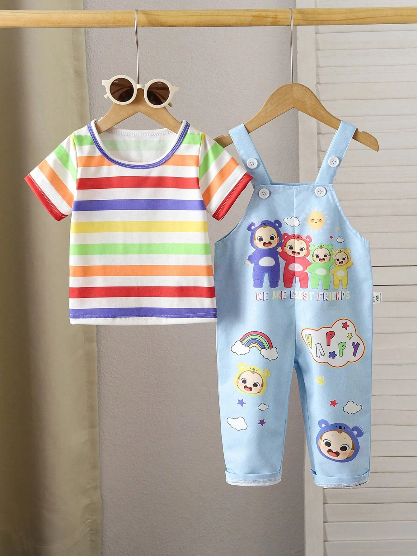 Baby Boy Striped Round Neck Short Sleeve T-Shirt And Cartoon Print Bib Pants