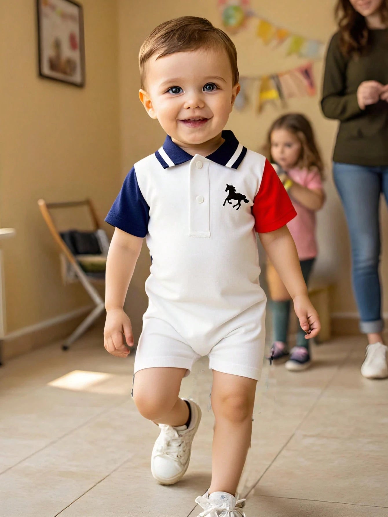 Baby Boy Navy & Red Patchwork Romper With Standing Collar