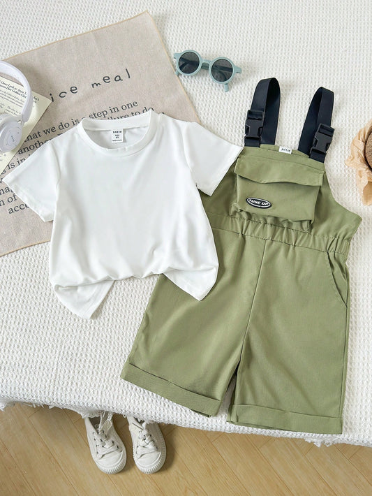 2pcs Girls White Short Sleeve Top & Green Suspender Shorts Summer Outfit Army Green