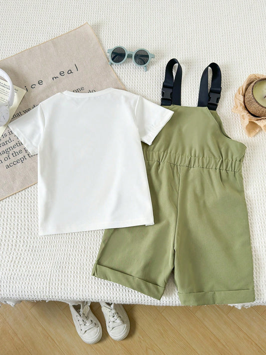 2pcs Girls White Short Sleeve Top & Green Suspender Shorts Summer Outfit