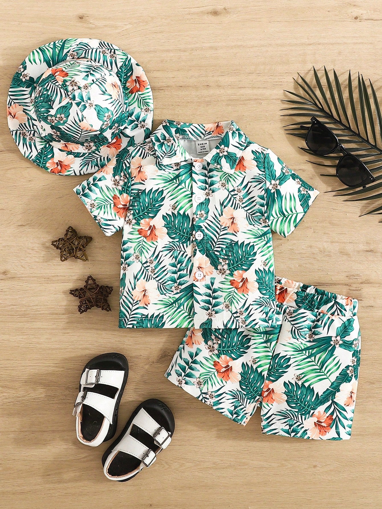 Baby Boys' Fashionable Tropical Plant/Flower Pattern Printed Shirt Collared Top And Shorts With Hat, Green