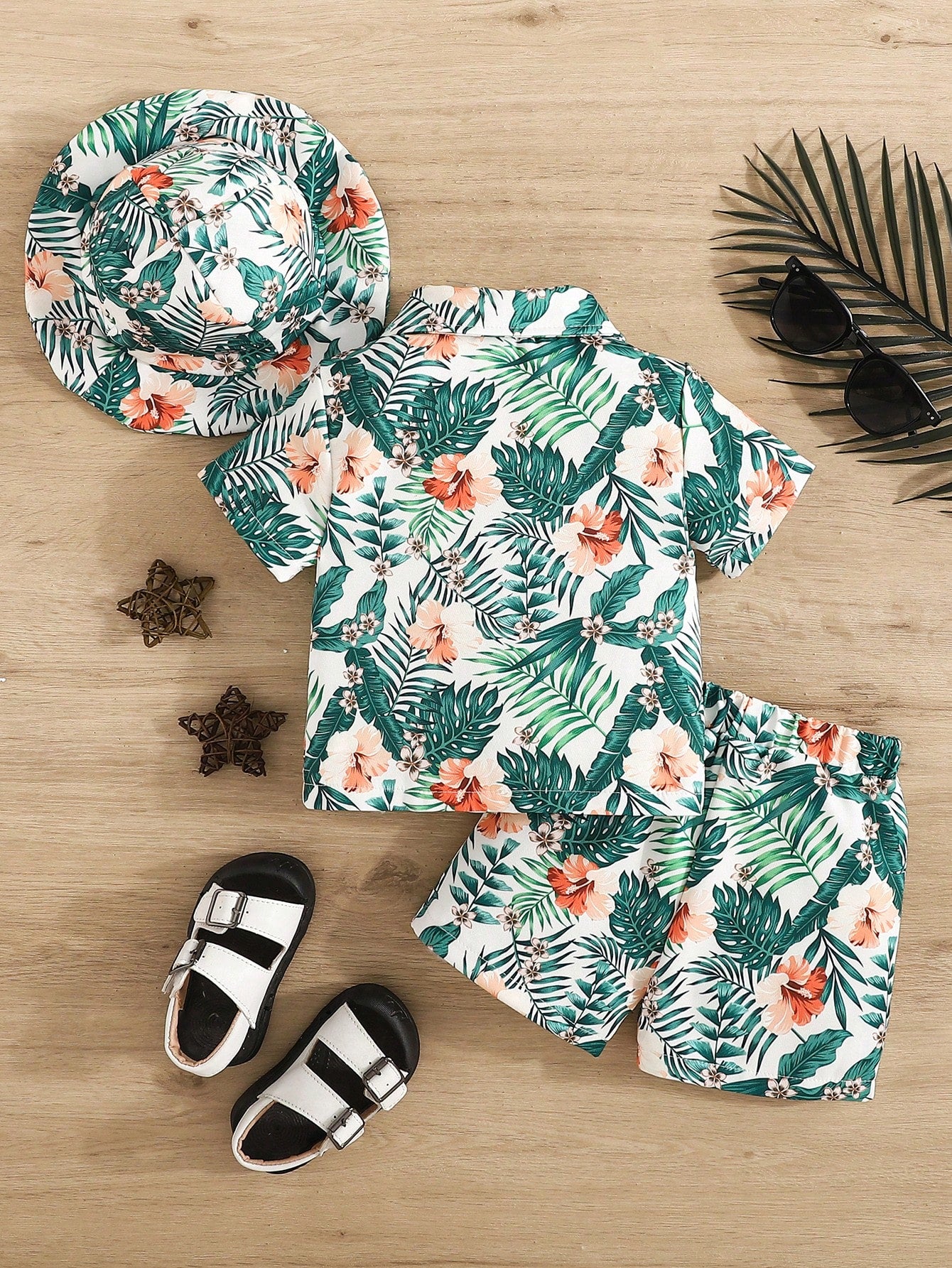 Baby Boys' Fashionable Tropical Plant/Flower Pattern Printed Shirt Collared Top And Shorts With Hat,