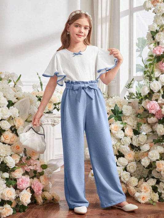 2pcs/Set Lace Patchwork Puff Sleeve Bow Textured Bubble Fabric Straight Pants Multicolor