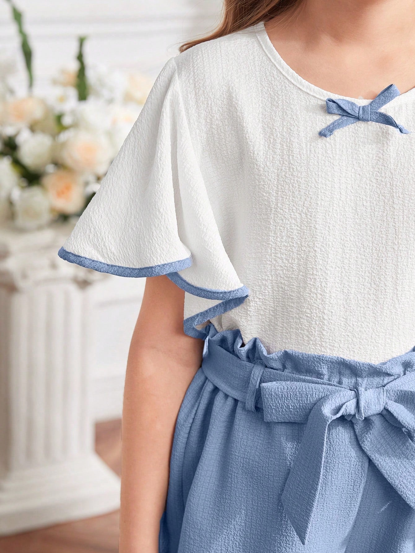 2pcs/Set Lace Patchwork Puff Sleeve Bow Textured Bubble Fabric Straight Pants