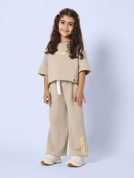 Young Girls Comfy New York Wide Leg Set Khaki