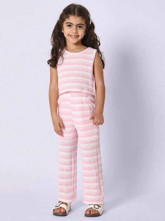 Young Girls Comfy Crop Fit Crochet Stripe Tank Top And Straight Fit Pant Pink