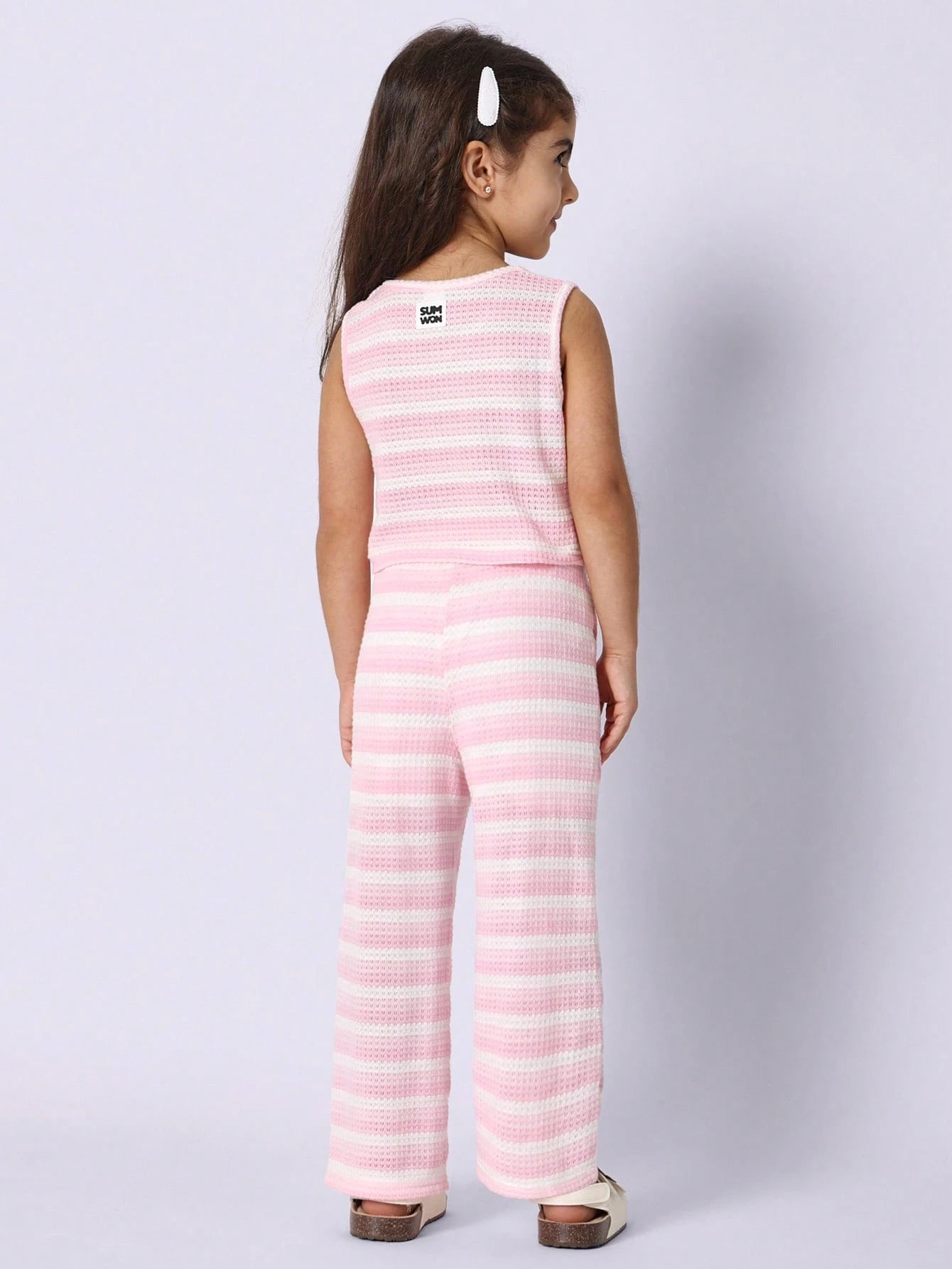 Young Girls Comfy Crop Fit Crochet Stripe Tank Top And Straight Fit Pant
