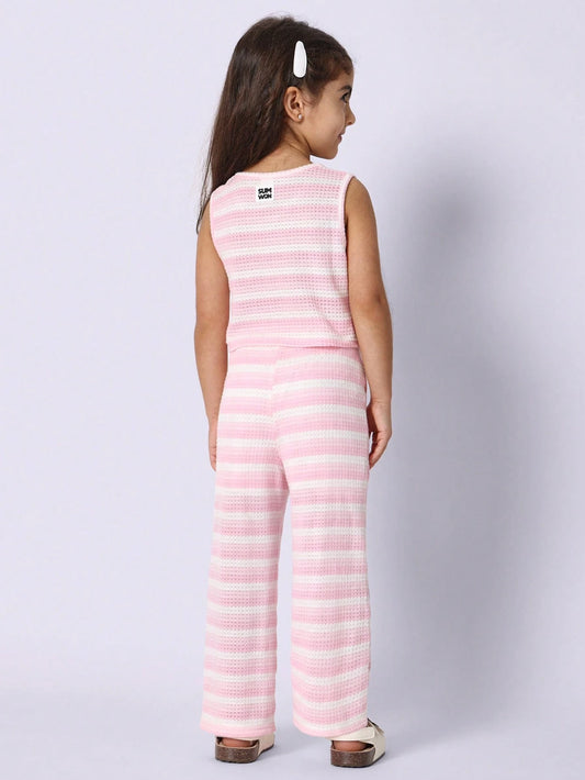 Young Girls Comfy Crop Fit Crochet Stripe Tank Top And Straight Fit Pant
