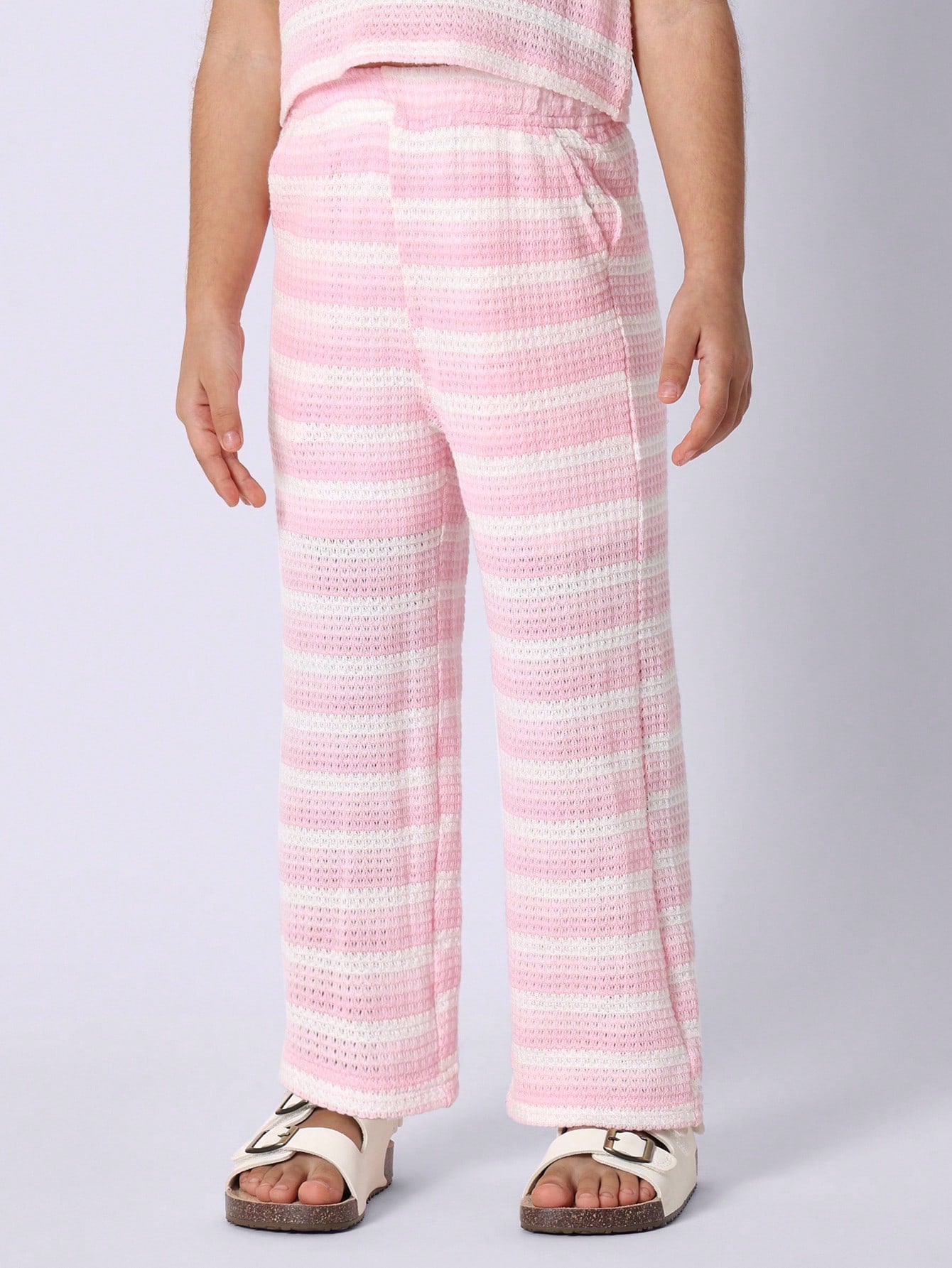 Young Girls Comfy Crop Fit Crochet Stripe Tank Top And Straight Fit Pant