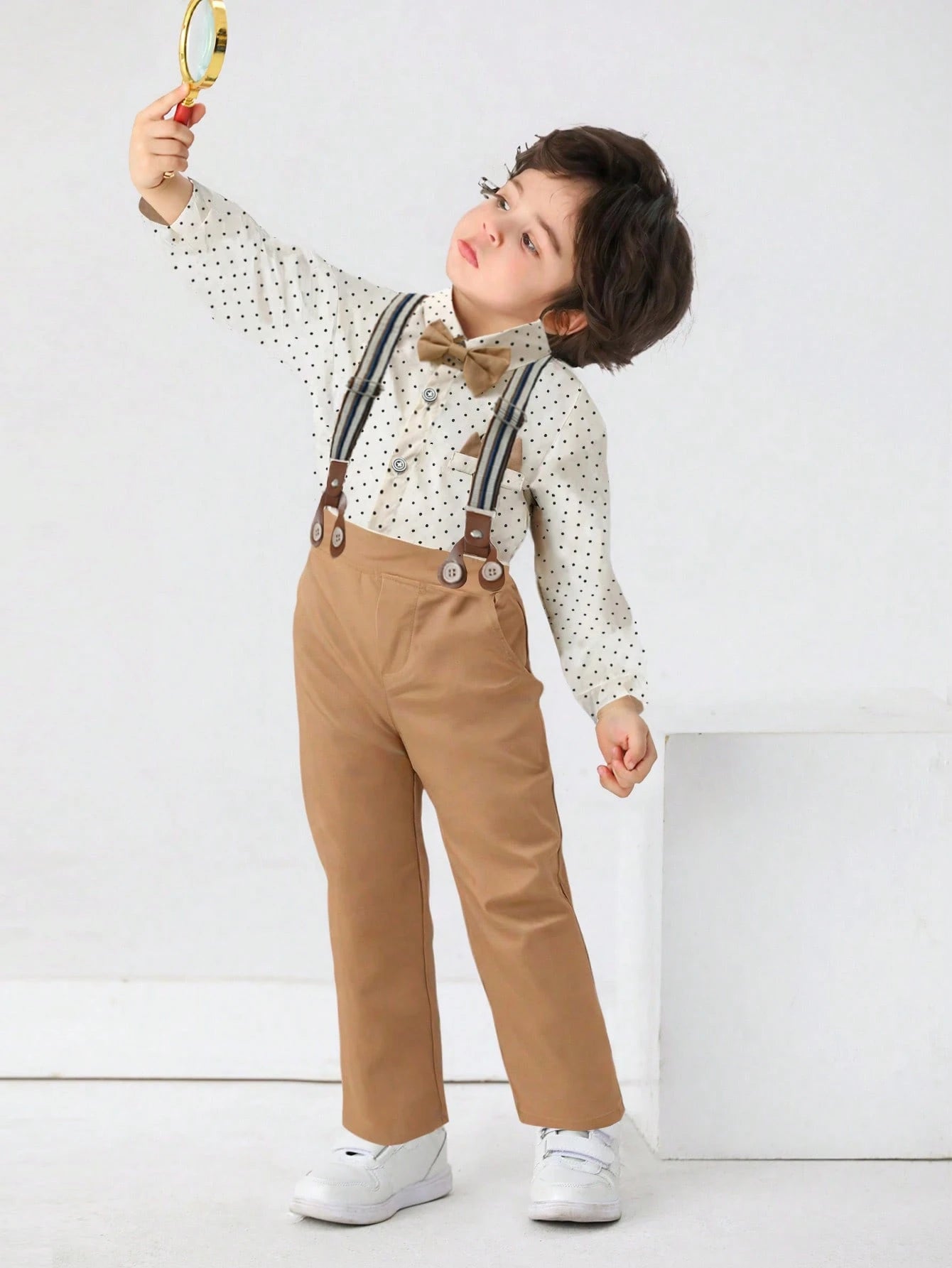 2pcs Baby Boys' Gentleman Suit With Long Sleeve Shirt Featuring Turn-down Collar & Bow Tie And Long Pants
