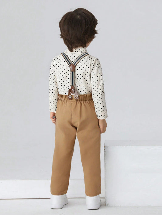 2pcs Baby Boys' Gentleman Suit With Long Sleeve Shirt Featuring Turn-down Collar & Bow Tie And Long Pants