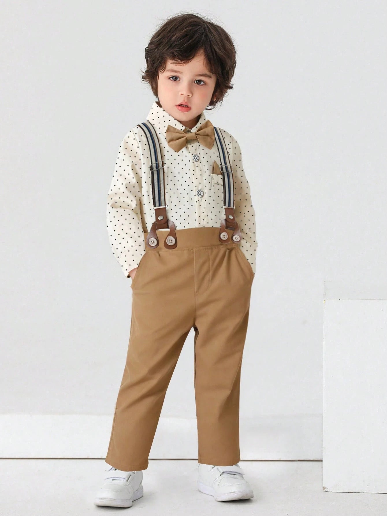 2pcs Baby Boys' Gentleman Suit With Long Sleeve Shirt Featuring Turn-down Collar & Bow Tie And Long Pants
