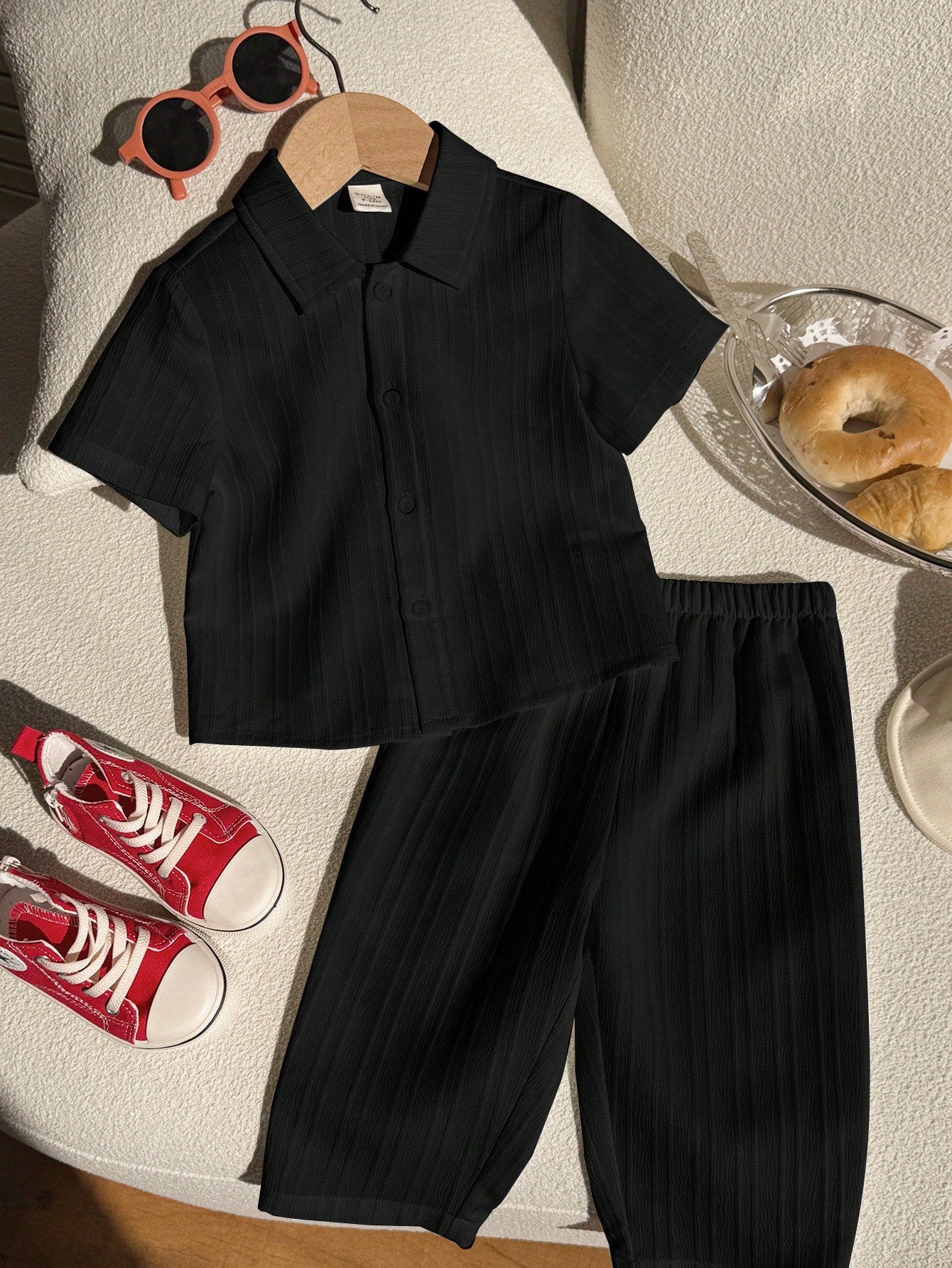 2pcs Set: Solid Color Textured Fabric Polo Collar Short Sleeve Top And Elastic Waist Long Pants