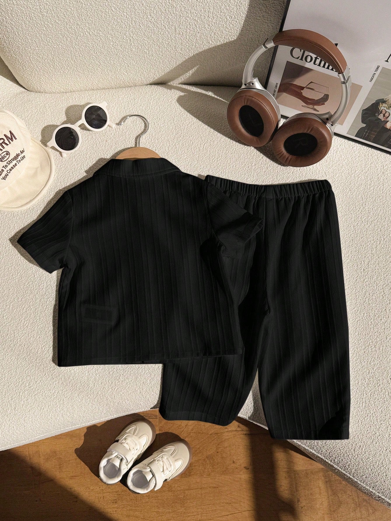 2pcs Set: Solid Color Textured Fabric Polo Collar Short Sleeve Top And Elastic Waist Long Pants