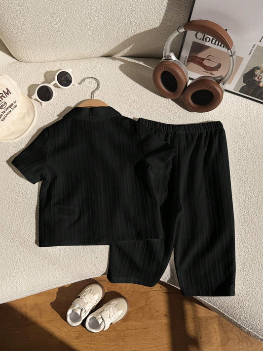 2pcs Set: Solid Color Textured Fabric Polo Collar Short Sleeve Top And Elastic Waist Long Pants