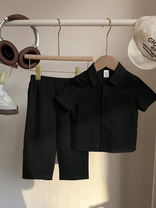 2pcs Set: Solid Color Textured Fabric Polo Collar Short Sleeve Top And Elastic Waist Long Pants Black