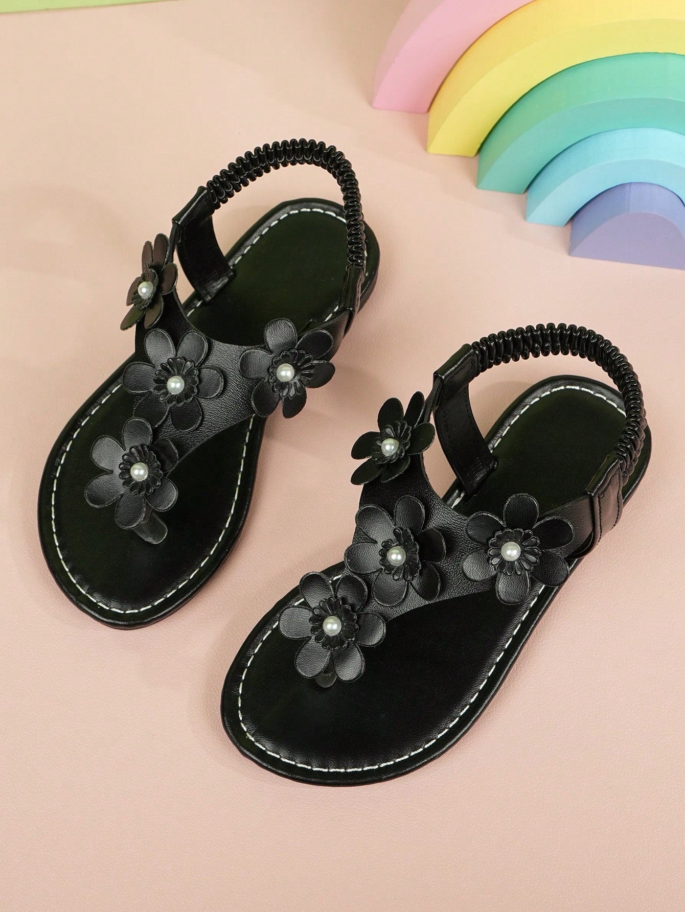 Girls' Sandals Summer New Handmade Bead Flower Design Round Toe Flat Black