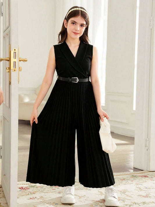 Tween Girls Solid Turndown Collar Sleeveless Urban Elegant Jumpsuit With Pleated Pants Black
