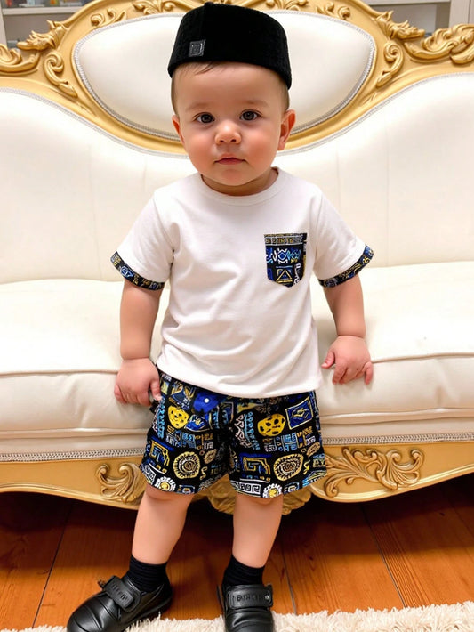 Baby Boys' Soft Comfortable Round Neck White Short Sleeve Top With Pocket & Geometric Print Shorts Multicolor