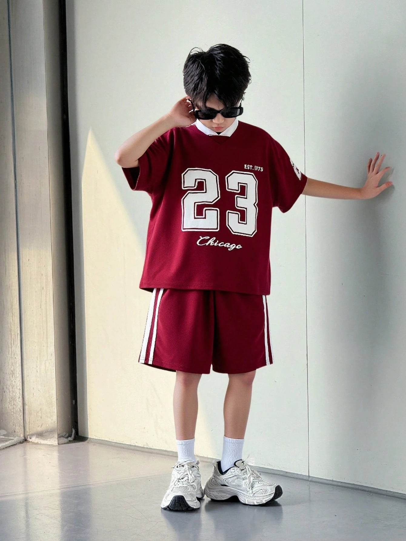 Tween Boys' Loose Fit Numeric Print Short Sleeve T-Shirt And Shorts Set Red