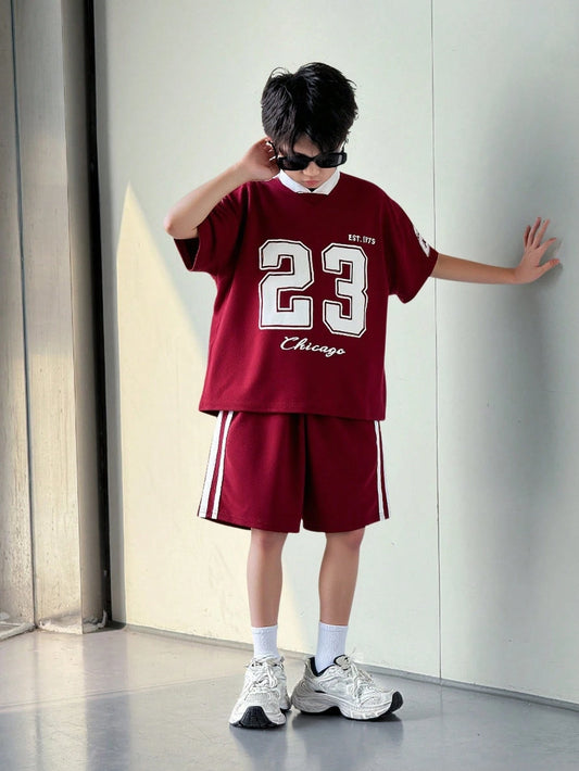 Tween Boys' Loose Fit Numeric Print Short Sleeve T-Shirt And Shorts Set Red